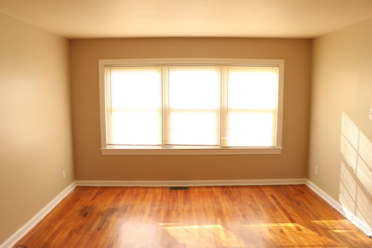 Living room before Article furniture makeover showing worn old sofas