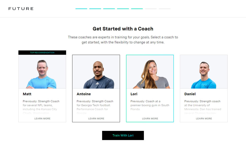 Future fitness app interface showing personalized workout plan and coach messaging for travel fitness
