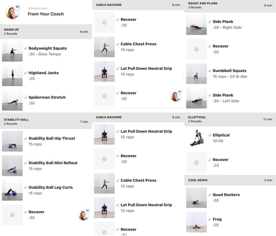Screenshot of customized hotel room workout plan from Future fitness coach showing bodyweight exercises