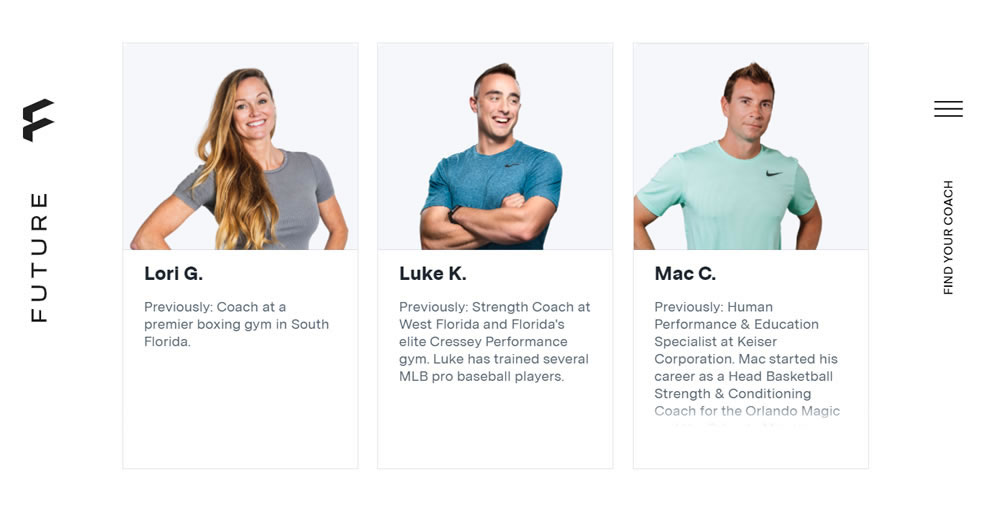 Future Fitness App coach selection showing certified trainers to help achieve your fitness goals