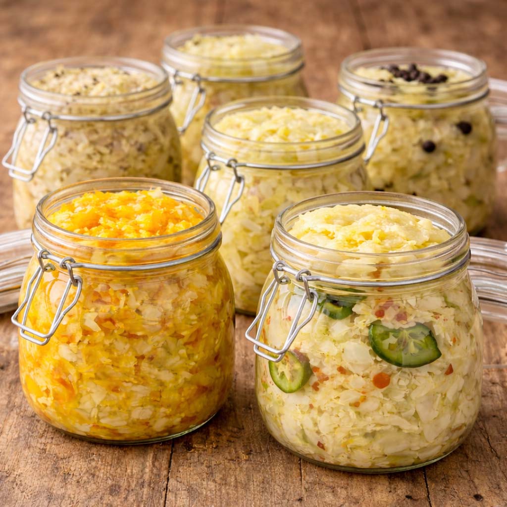 Six glass fermentation jars with metal clasp lids arranged on wooden surface showing different sauerkraut variations including bright orange turmeric carrot kraut in front left, spicy jalapeno kraut with visible pepper slices in front right, traditional caraway seed kraut, juniper berry kraut with dark berries visible, and garlic herb variations in back jars, demonstrating creative flavor combinations for homemade fermented vegetables