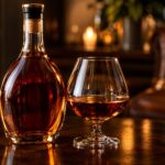 an amber brandy or cognac bottle beside a filled snifter glass on a dark polished wood table, warm low candlelight.