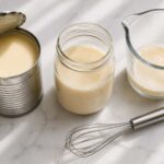 Does Evaporated Milk Go Bad. flat lay on a white marble surface, plain unlabeled can with its top opened beside a small glass jar of poured golden-cream colored liquid, a measuring cup with some evaporated milk, and a small whisk nearby