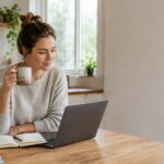 A woman in her 30s wearing a cozy cream sweater sits at a sunlit wooden kitchen table, holding a ceramic coffee mug while reviewing her budget on a laptop. An open notebook and pen sit in front of her, with potted plants and a bright, tidy kitchen in the background. Warm natural light and a calm, uncluttered setting create an inviting scene of everyday budgeting and financial well-being.